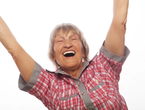 Alegre mujer mayor gesto victoria — Foto de Stock