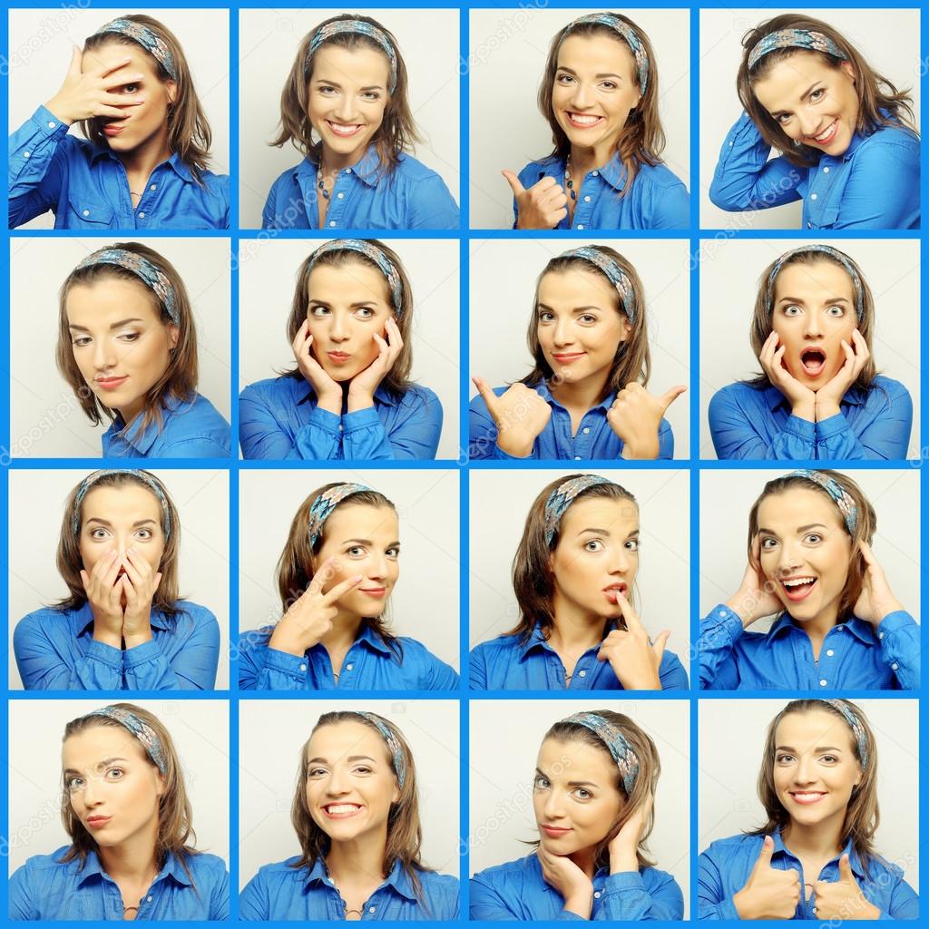 Collage of young woman face expressions