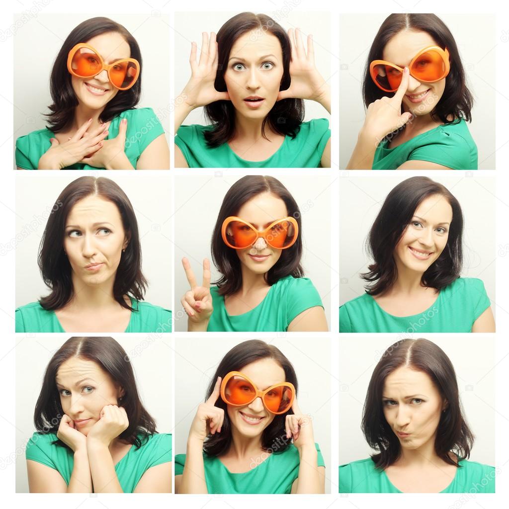 Collage of the same woman making diferent expressions.