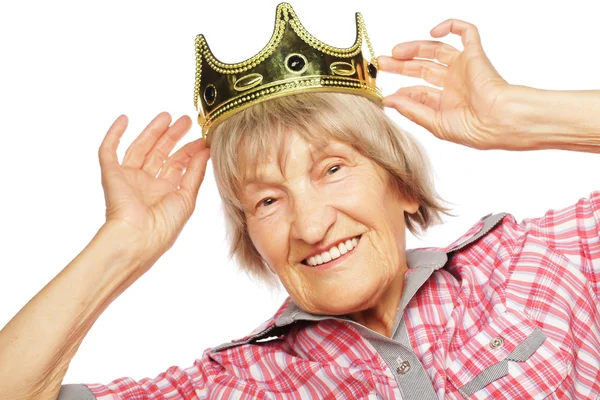 Starsza kobieta ubrana w koronę robi funky action — Zdjęcie stockowe