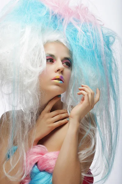 Fashion model with bright make up and colorful hair — Stock Photo, Image