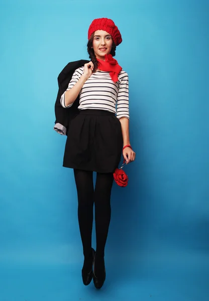 Beautiful girl in a red beret. French style. — Stock Photo, Image