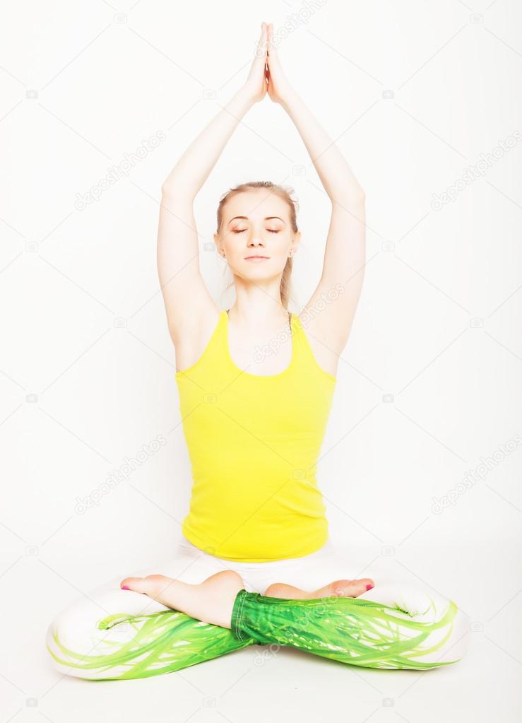 blond woman working yoga exercise