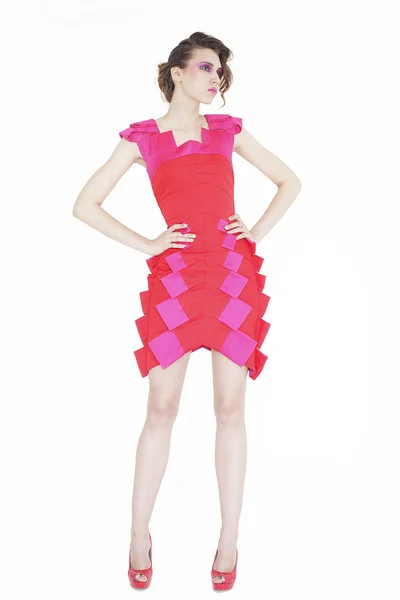 Female young model wearing pink dress  posing — Stock Photo, Image