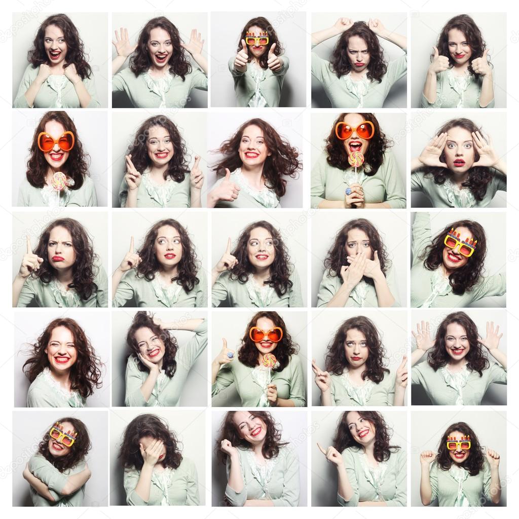 Collage of woman different facial expressions