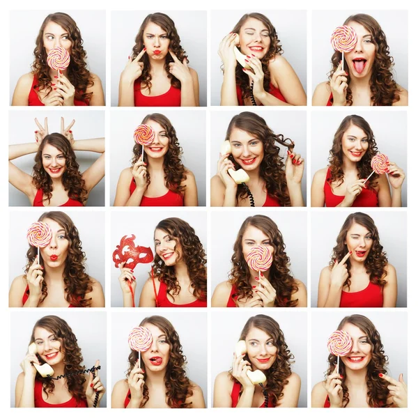 Collage von verschiedenen Gesichtsausdrücken der Frau — Stockfoto