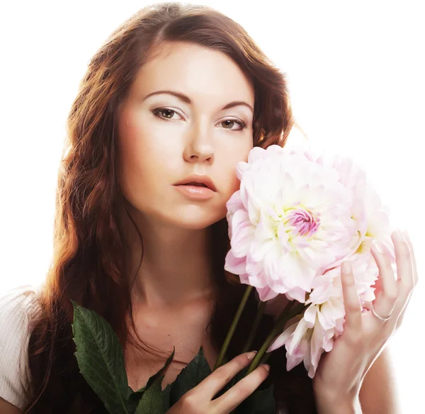 Woman with big pink flowers — Stock Photo, Image