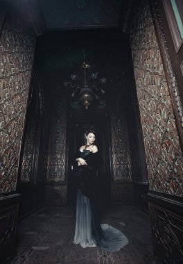 Genç ve güzel bir kadın saray odasında duruyor.