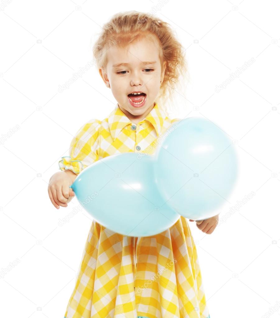 ittle girl with blue balloons