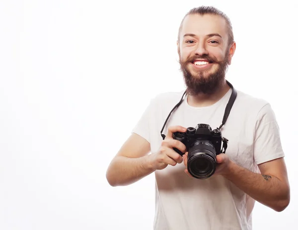 Barbă om cu o cameră digitală — Fotografie, imagine de stoc