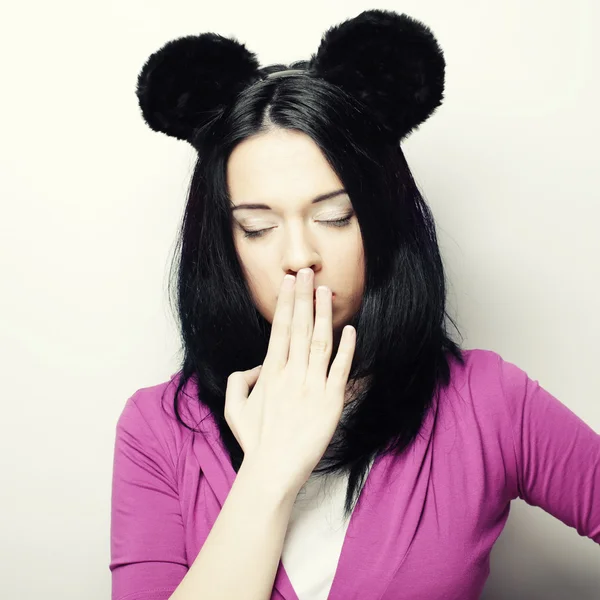 Surprised young woman with mouse ears — Stock Photo, Image