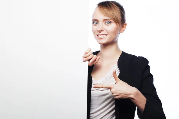 Young business woman showing blank signboard — Stock Photo, Image