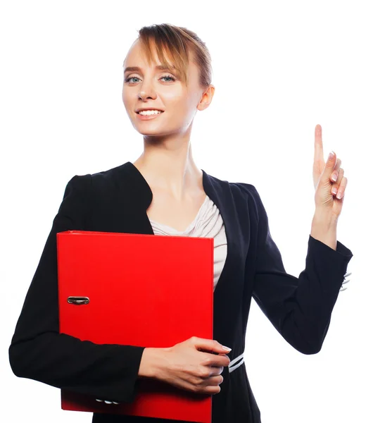Business woman pointing at white background. — Stock Photo, Image