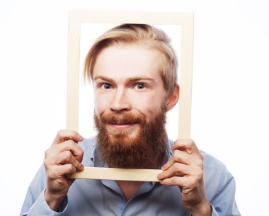 Young man holding picture frame clipart