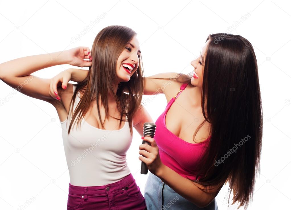 sensual girls singing with microphone