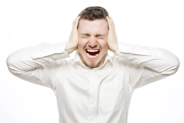 Young office worker mad by stress screaming — Stock Photo, Image