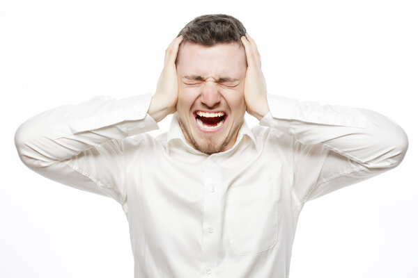 young office worker mad by stress screaming