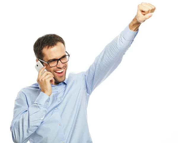 Successful gesturing business man with mobile — Stock Photo, Image