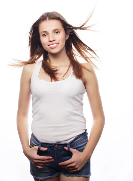 Beautiful woman with wind on hair . — Stock Photo, Image