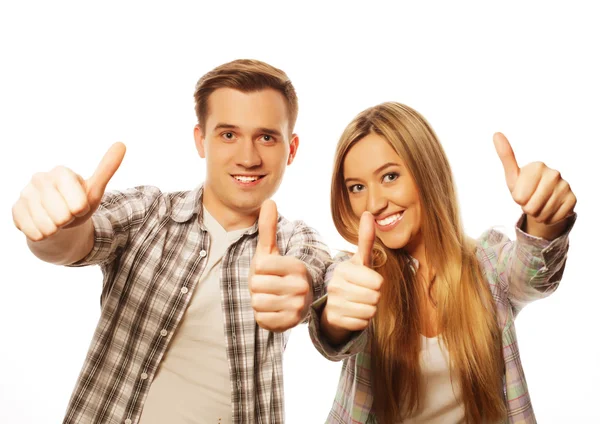 Lindo casal com polegares-up gesto — Fotografia de Stock