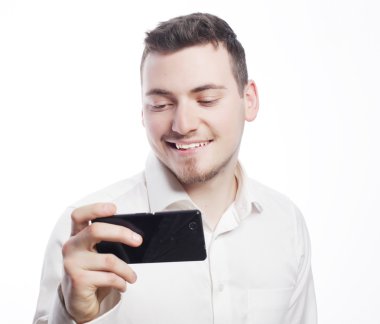 Akıllı sms gönüllülük mutlu iş adamı