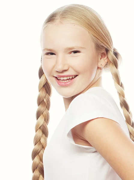 Beautiful European blonde girl with braids. — Stock Photo, Image