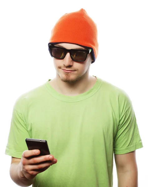 Cheerful man  using smartphone, — Stock Photo, Image