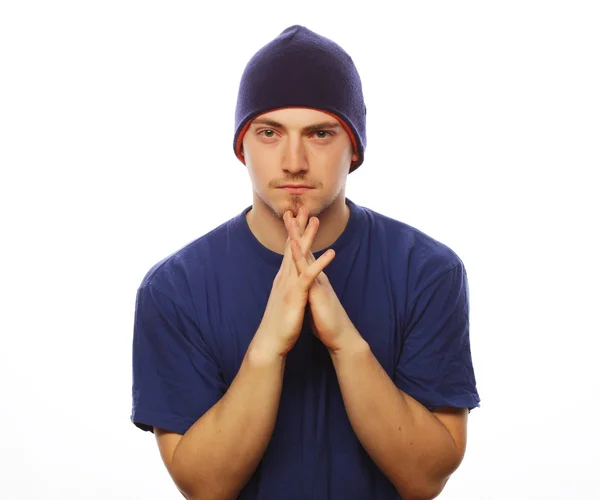 Man in blue t-shirt and blue hat. — Stock Photo, Image