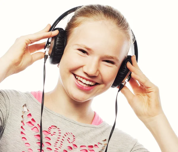 Beautiful happy little girl with headphones — Stock Photo, Image