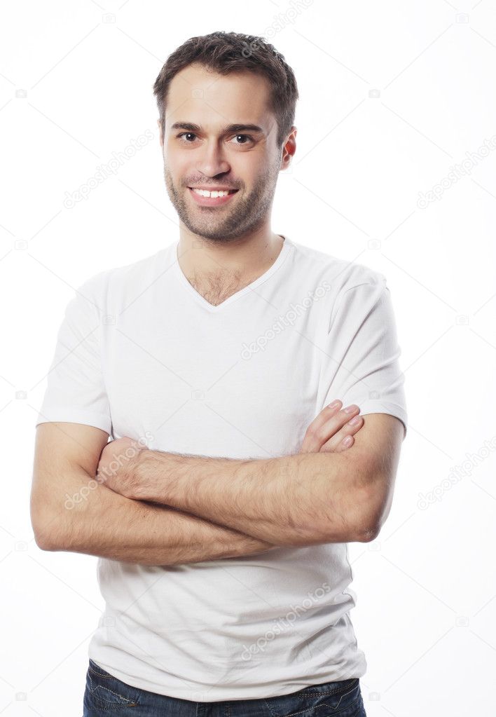 handsome man in blank white shirt