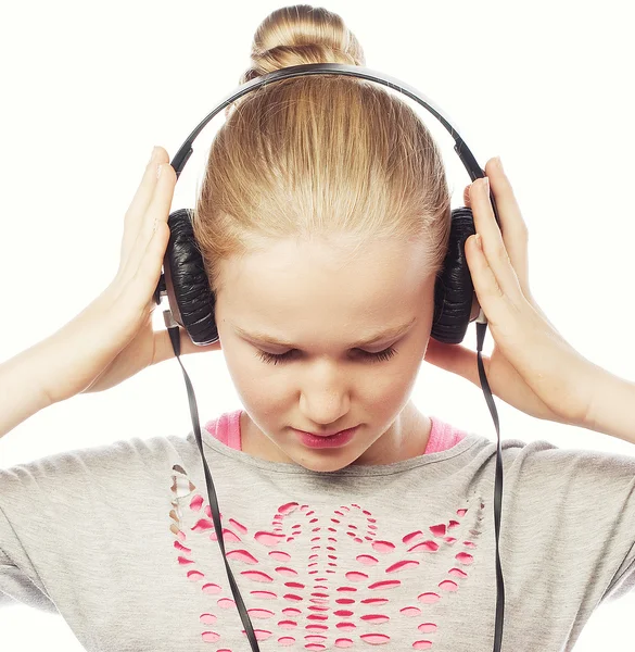 Beautiful happy little girl with headphones — Stock Photo, Image