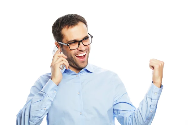 Successful gesturing business man with mobile — Stock Photo, Image