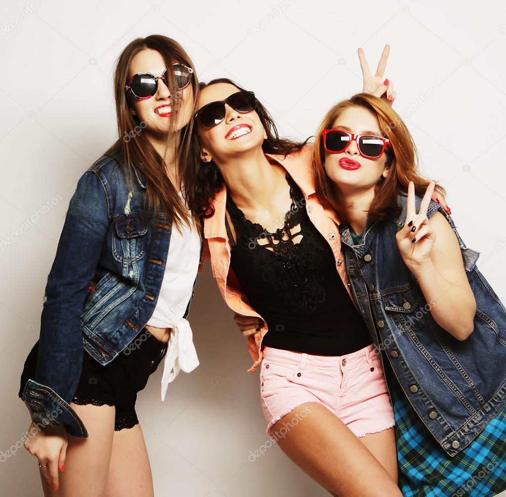 three stylish sexy hipster girls best friends