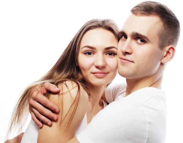 Casal abraçando sobre fundo branco . — Fotografia de Stock