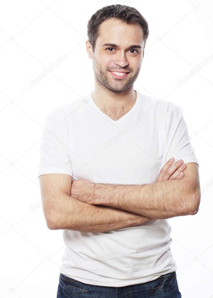 handsome man in blank white shirt