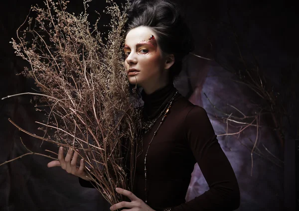 Femme avec maquillage lumineux avec des branches sèches — Photo