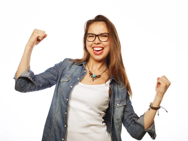 Feliz mujer emocionada celebrando su éxito . — Foto de Stock