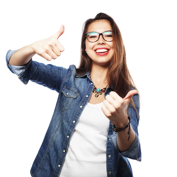Successful girl gives thumb up with two hands — Stock Photo, Image