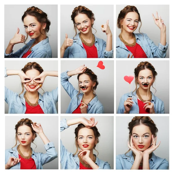 Koláž portrétů šťastné ženy — Stock fotografie
