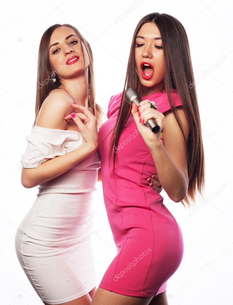 sensual girls singing with microphone