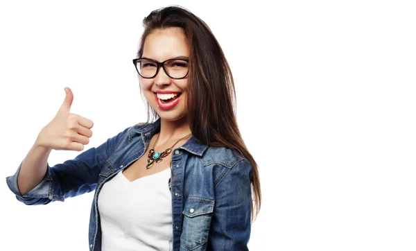 Successful girl gives thumb up with two hands — Stock Photo, Image