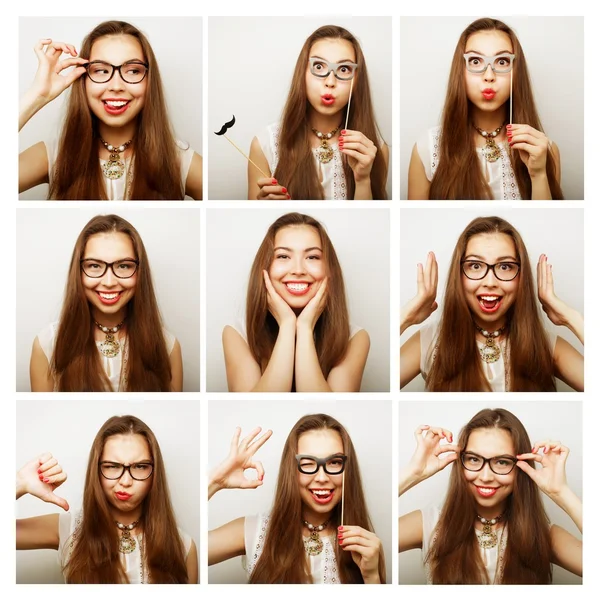 Collage av kvinnan olika ansiktsuttryck — Stockfoto