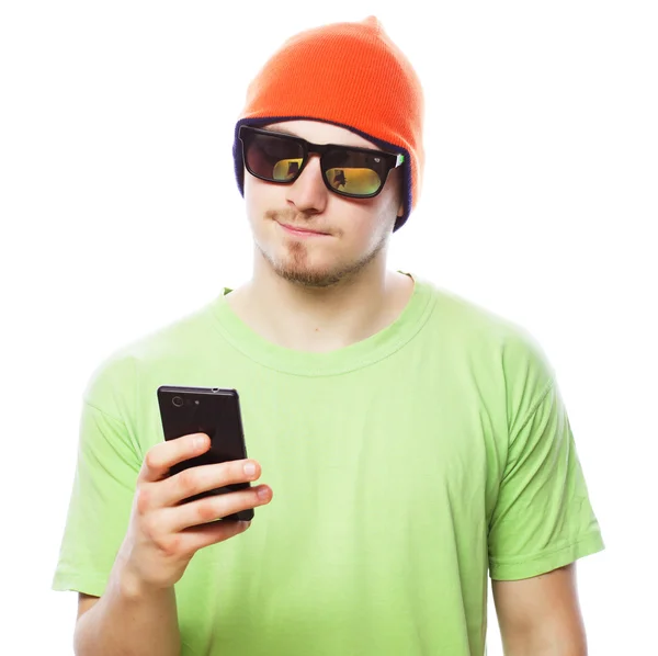 Cheerful man  using smartphone, — Stock Photo, Image