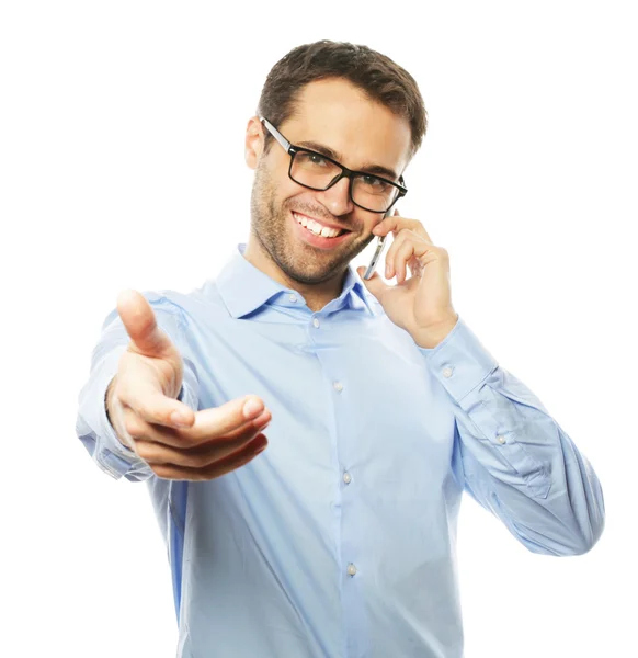 Successful gesturing business man with mobile — Stock Photo, Image