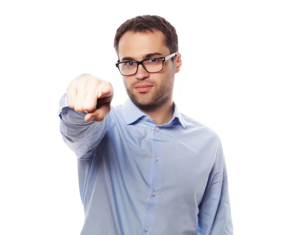 Hombre de negocios mostrando el dedo para ser el número uno — Foto de Stock