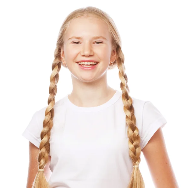 Portrait of a beautiful European blonde girl with braids. — Stock Photo, Image