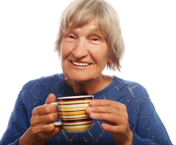 Doamnă bătrână fericită cu cafea — Fotografie, imagine de stoc