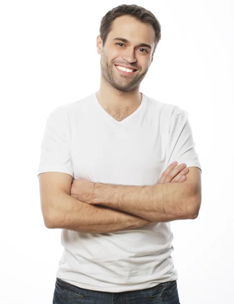 Hombre guapo en camisa blanca en blanco — Foto de Stock