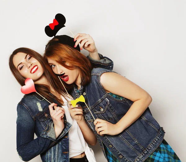 Two stylish sexy hipster girls best friends ready for party — Stock Photo, Image