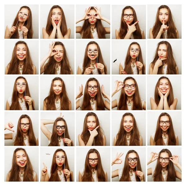 Koláž různých výrazů obličeje žena — Stock fotografie